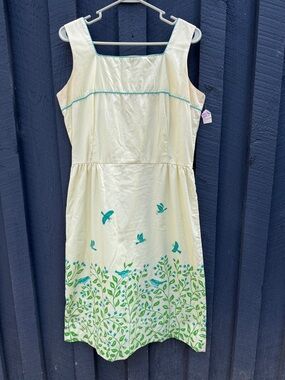 Vintage Vested Gentress pale Yellow Sundress. Bird & Leaf Hand Screen Print. 14